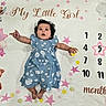Aaira joined the competition — help win amazing prizes! baby, child, infant, girl, blue_dress, floral_pattern, blanket, milestone_blanket, numbers, stars, bears, balloons, pink_star, months, curious, lying_down, celebration, cute, portrait, indoors