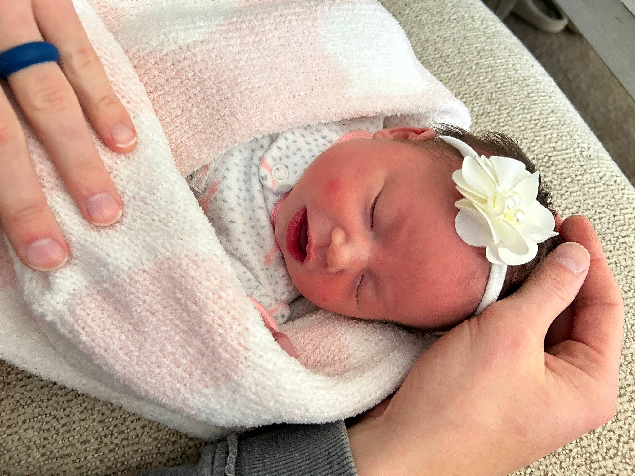 Everly joined the competition — help win amazing prizes! baby, baby_products, baby_sleeping, baby_toddler_clothing, cheek, child, comfort, fashion_accessory, finger, hand, hat, head, headwear, linens, nail, pattern, person, skin, sleep, thumb