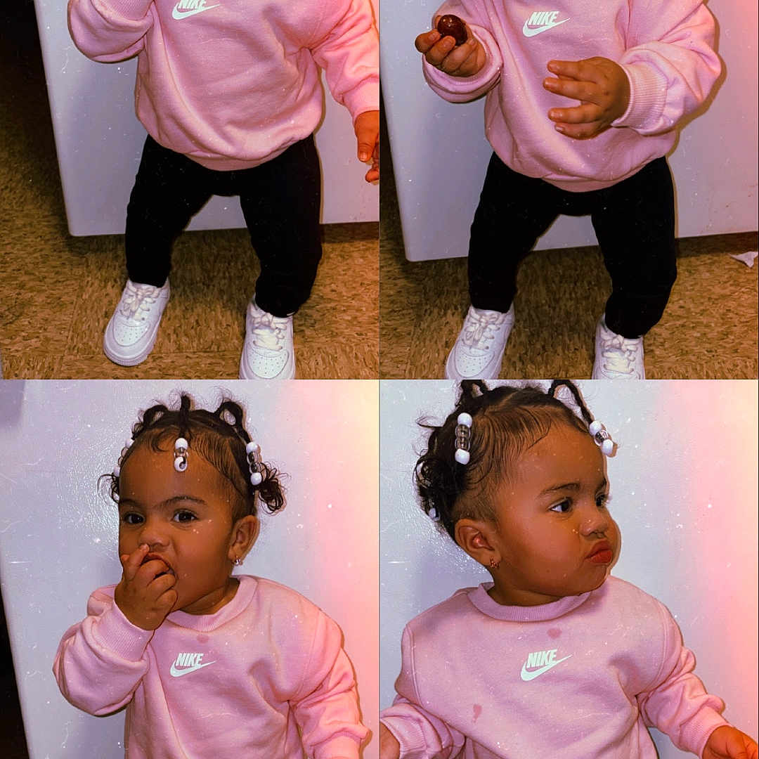 Lailanii is registered to the contest to win money with this photo: toddler, child, pink_sweatshirt, nike, black_pants, white_shoes, standing, carpet, hair_beads, cute, collage, expression, indoor, fashion, portrait, young_child, clothing, footwear, person, photography