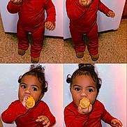 Lailanii joined the competition — help win amazing prizes! toddler, child, corn, food, red_clothing, indoors, carpet, curly_hair, eating, portrait, collage, cute, baby, standing, floor, expression, small_child, hair_tie, shoes, background