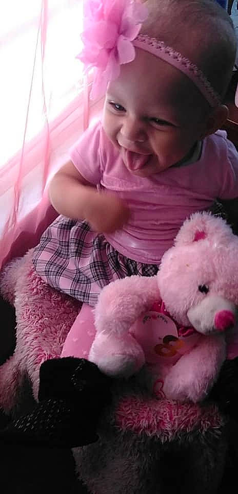 Za'Niyah joined the competition — help win amazing prizes! child, fun, girl, infant, joy, magenta, person, pink, product, purple, skin, smile, stuffed_toy, teddy_bear, textile, toddler, toy