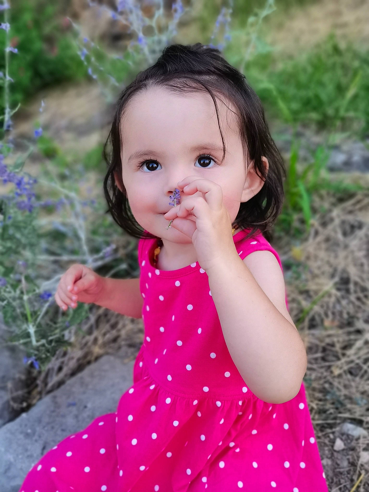 Flavie participe au concours pour gagner de l'argent avec cette photo : baby_toddler_clothing, beauty, day_dress, dress, eyelash, finger, gesture, grass, happy, leaf, lip, one_piece_garment, people_in_nature, person, photograph, pink, plant, skin, sleeve, summer