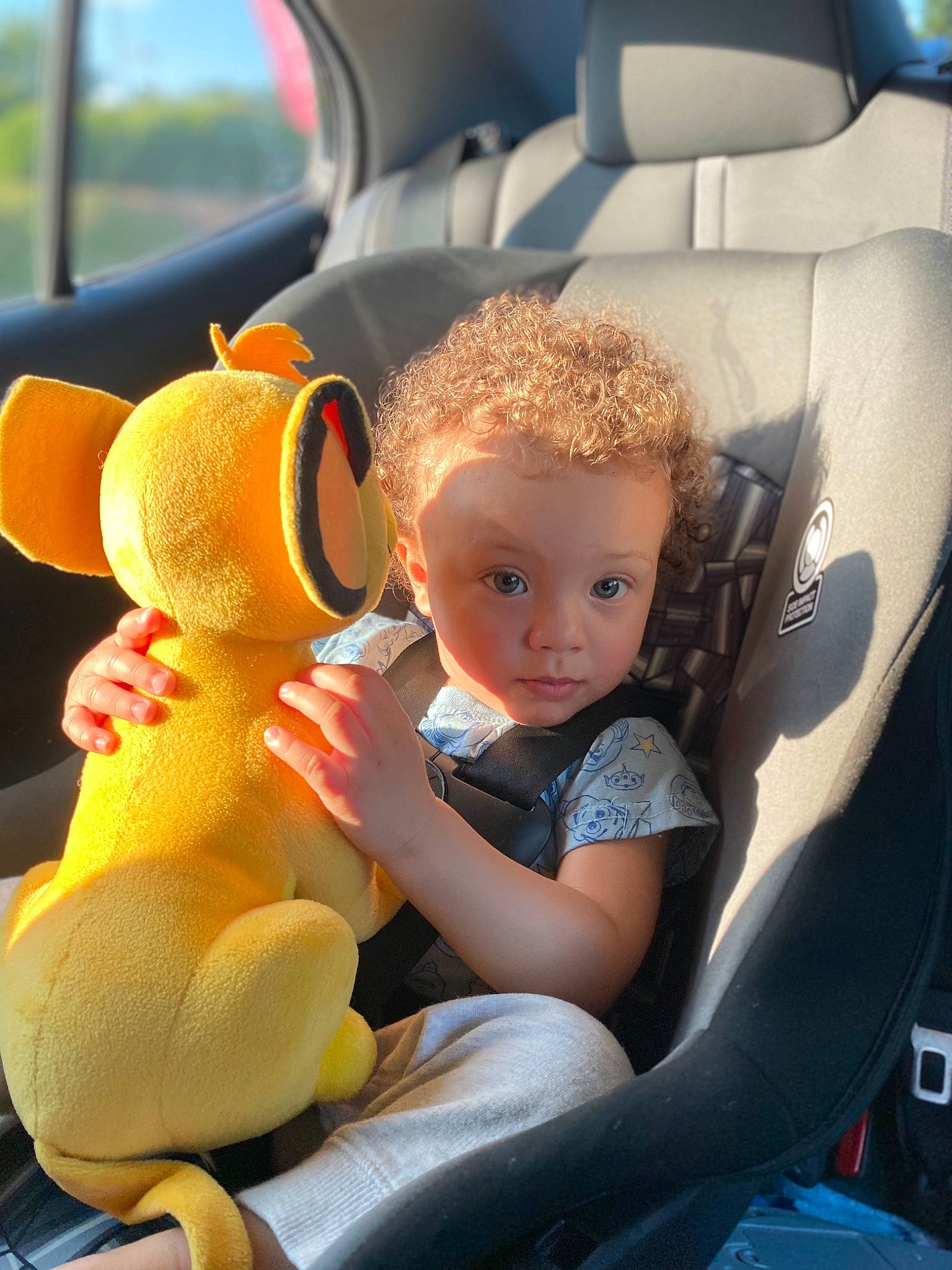 Malachi is registered to the contest to win money with this photo: auto_part, automotive_design, automotive_exterior, baby_products, car_seat, car_seat_cover, child, comfort, fun, happy, head_restraint, leisure, motor_vehicle, person, product, steering_wheel, stuffed_toy, toddler, toy, vehicle_door