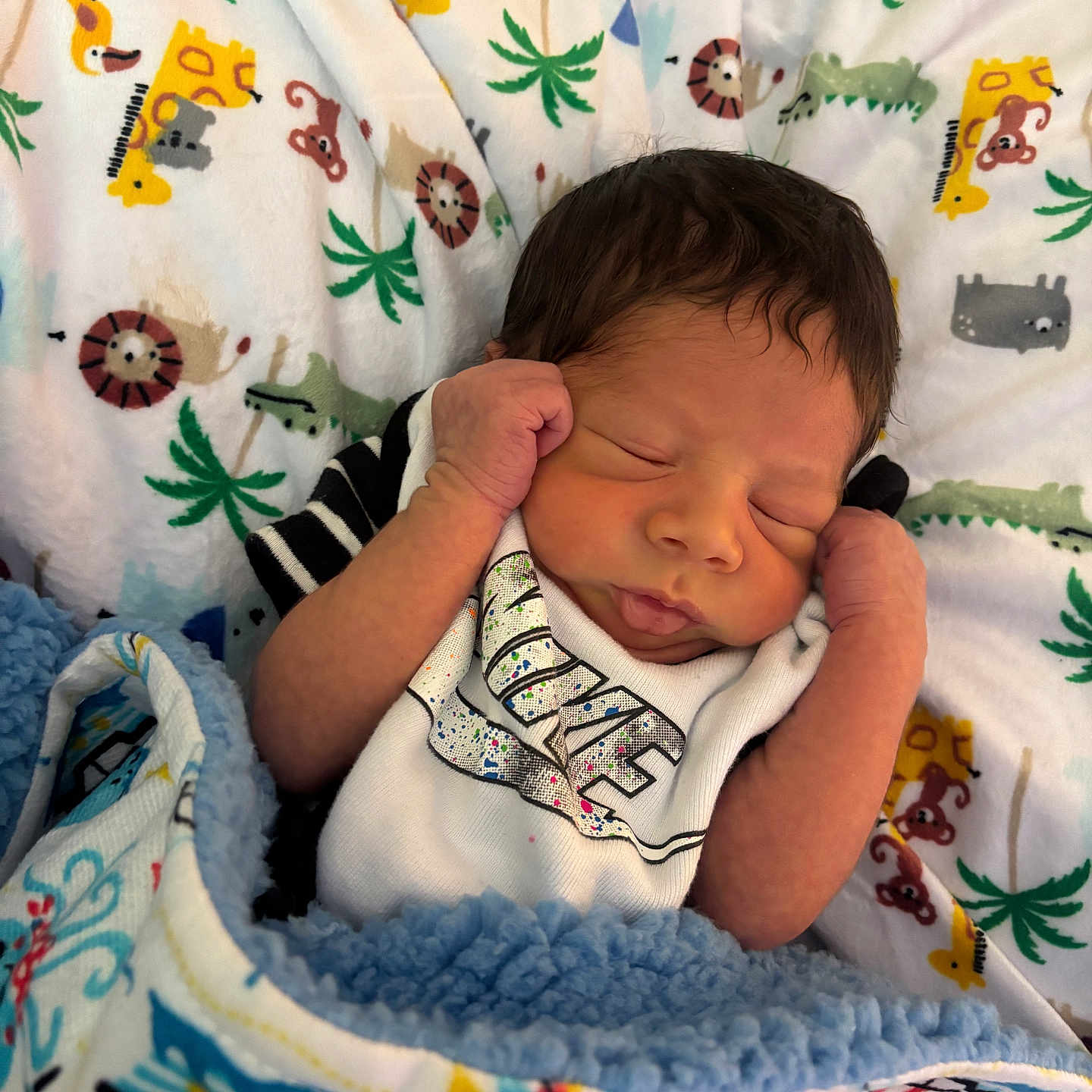 Jayceon joined the competition — help win amazing prizes! animal_print, baby, blanket, child, clothing, colorful, cozy, cute, face, fist, indoors, infant, newborn, peaceful, portrait, resting, sea_theme, sleeping, soft, wrapped