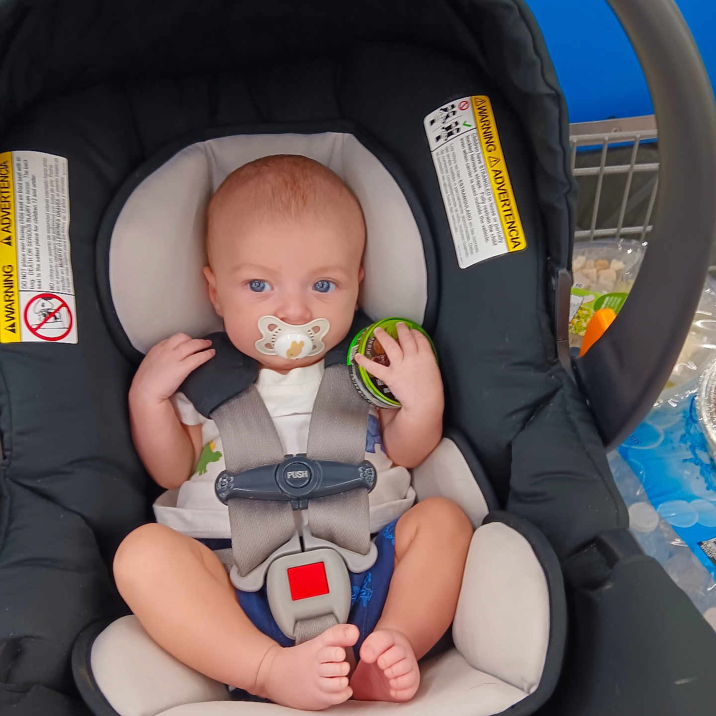 Jason John Henry joined the competition — help win amazing prizes! baby, blue_eyes, car_seat, child, clothing, container, foot, footwear, grocery, hand, holding, infant, pacifier, plastic, retail, seat, shopping, shopping_cart, sitting, straps