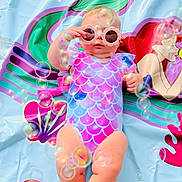 Mckenna joined the competition — help win amazing prizes! baby, bubbles, child, colorful, cute, face, fun, head, inflatable, legs, mermaid, outdoor, person, playful, pool_float, sitting, summer, sunglasses, swimsuit, water_toy