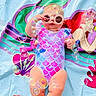 baby, bubbles, child, colorful, cute, face, fun, head, inflatable, legs, mermaid, outdoor, person, playful, pool_float, sitting, summer, sunglasses, swimsuit, water_toy