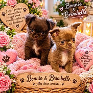 Bonnie Et Brimbelle participe au concours pour gagner de l'argent avec cette photo : puppies, dogs, chihuahua, small_dogs, brown_fur, fluffy, cute, adorable, portrait, sitting, indoor, floral, roses, pink_blanket, basket, wooden_sign, hearts, paw_prints, pet_photography, text_overlay