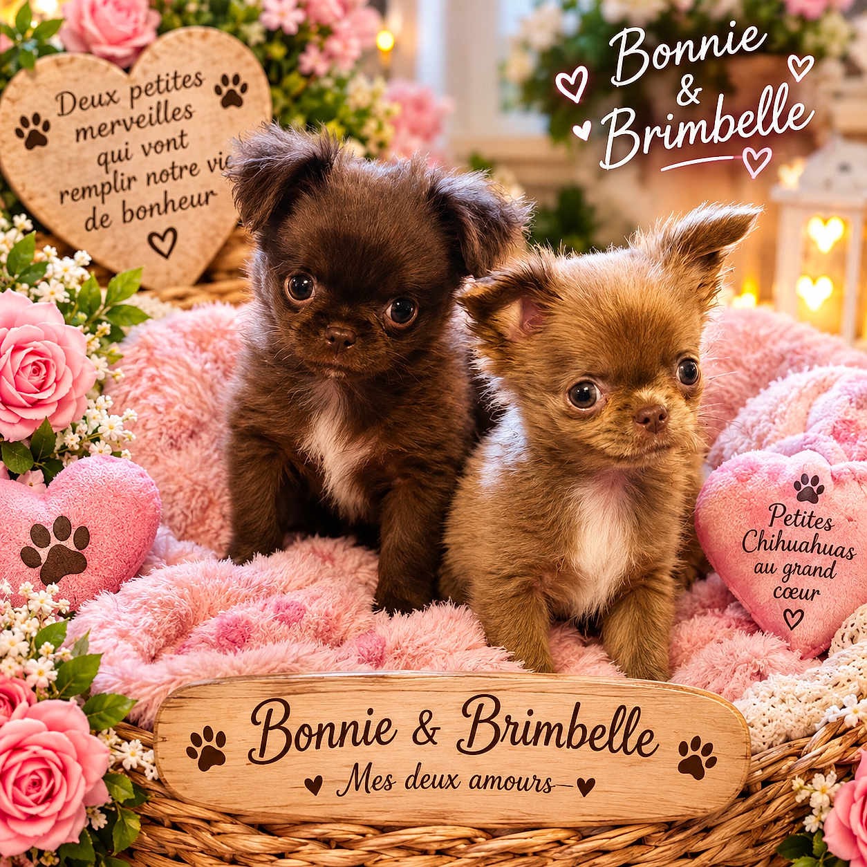 Bonnie Et Brimbelle participe au concours pour gagner de l'argent avec cette photo : puppies, dogs, chihuahua, small_dogs, brown_fur, fluffy, cute, adorable, portrait, sitting, indoor, floral, roses, pink_blanket, basket, wooden_sign, hearts, paw_prints, pet_photography, text_overlay