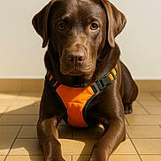 Urgo participe au concours pour gagner de l'argent avec cette photo : dog, labrador, chocolate_labrador, pet, animal, canine, orange_harness, floor, tile, indoor, portrait, looking_at_camera, brown_fur, paws, ears, snout, whiskers, close_up, domestic_animal, companion