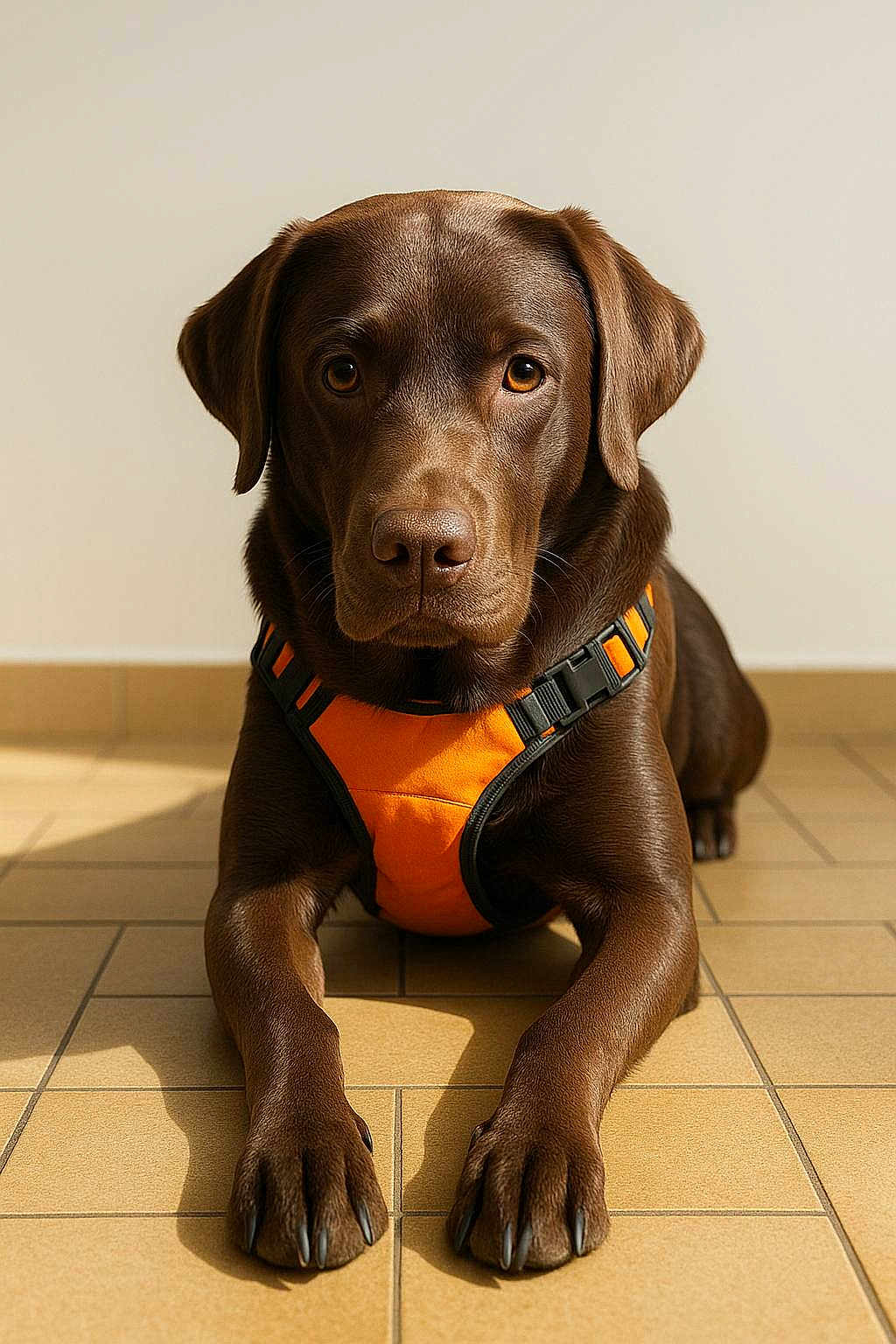 Urgo participe au concours pour gagner de l'argent avec cette photo : dog, labrador, chocolate_labrador, pet, animal, canine, orange_harness, floor, tile, indoor, portrait, looking_at_camera, brown_fur, paws, ears, snout, whiskers, close_up, domestic_animal, companion