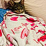 animal, bed, blanket, cat, comfort, cozy, cute, cute_pet, domestic_animal, feline, fur, heart_pattern, indoor, pet, pillow, pink, resting, sleepy, snuggled, white
