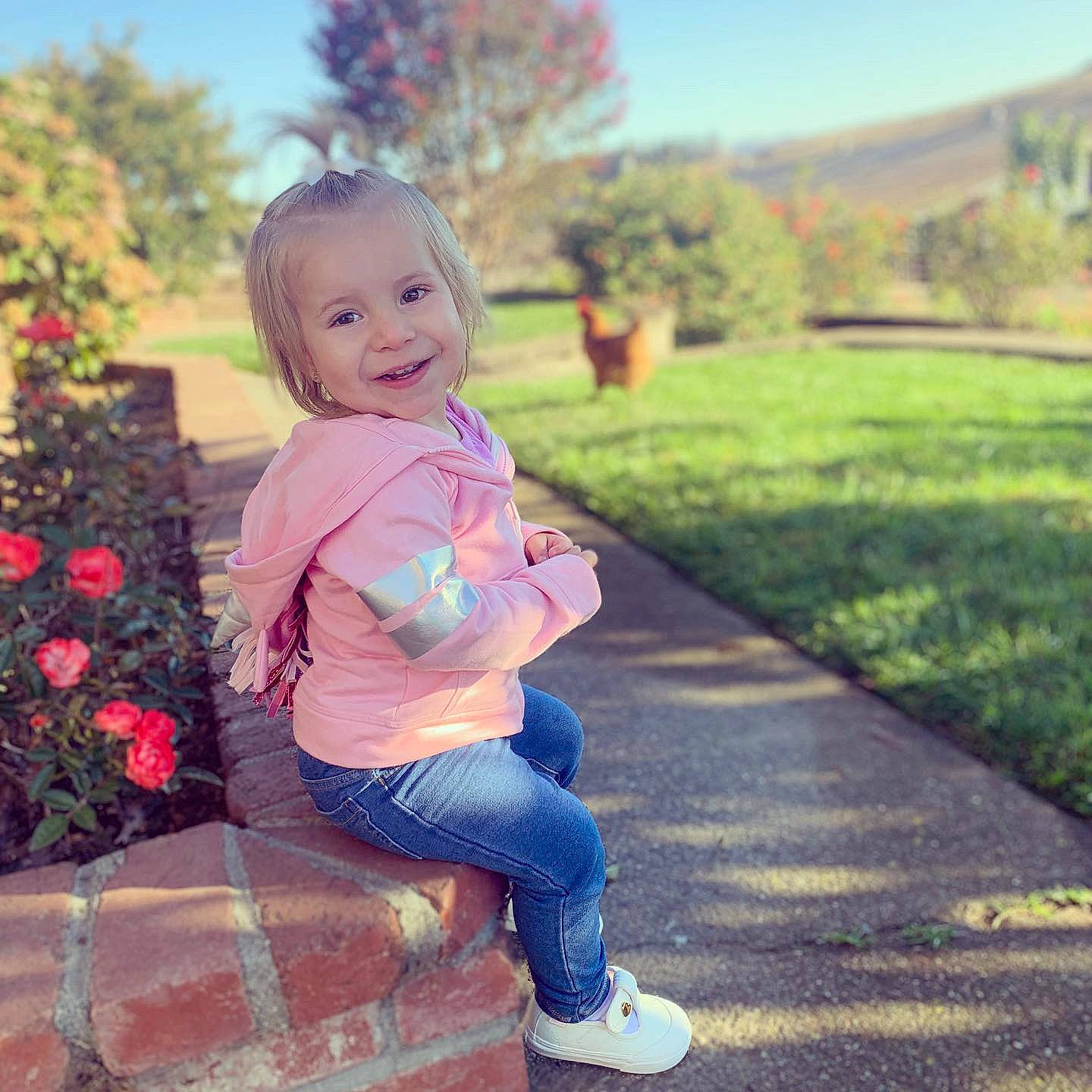 Analise is registered to the contest to win money with this photo: baby, beauty, blond, child, cloud, footwear, grass, happy, joy, people, person, photograph, photography, pink, plant, play, shoe, sky, smile, spring