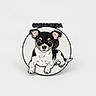 animal, badge, black_and_white, brown_markings, cartoon, circular_design, cleopatra, cute, dog, floppy_ears, illustration, large_eyes, logo, paws, pet, pink_ears, puppy, sitting, tail, white_background