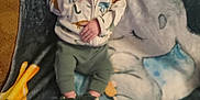 Casey is registered to the contest to win money with this photo: animal_print, baby, blanket, child, clothing, cozy, cute, dinosaur, elephant, happy, indoor, infant, lying_down, person, portrait, slippers, smiling, soft, warm, young