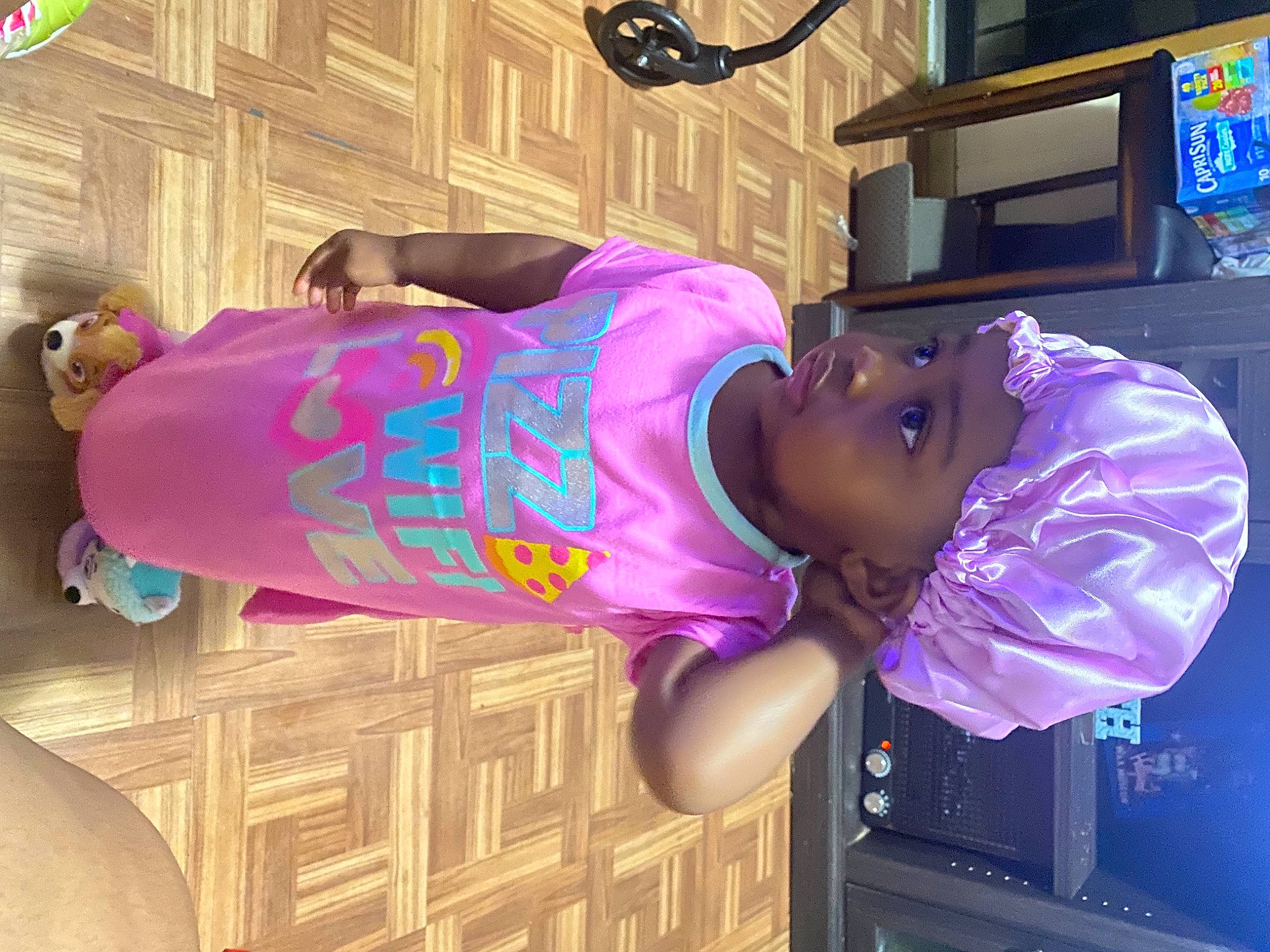 Serenity is registered to the contest to win money with this photo: clothing, costume, electric_blue, fashion, fun, hat, headwear, lighting, magenta, outerwear, person, picture_frame, pink, purple, room, sleeve, sportswear, street_fashion, t_shirt, television