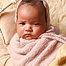baby, infant, portrait, face, clothing, knitwear, blanket, soft_texture, headwear, indoors, cute, child, warm, cozy, expression, wrapped, newborn, person, skin, resting