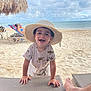 beach, casual_clothing, child, clouds, foot, happy, hat, lounge_chair, ocean, outdoor, people, relaxing, sand, sky, smiling, summer, sunhat, toddler, umbrella, vacation