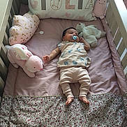 Giulia participe au concours pour gagner de l'argent avec cette photo : baby, crib, pacifier, plush_toy, cushion, pillow, stuffed_animal, bedding, nursery, blanket, soft_toys, sleeping, infant, child, bed, fabric, cute, resting, comfort, indoor