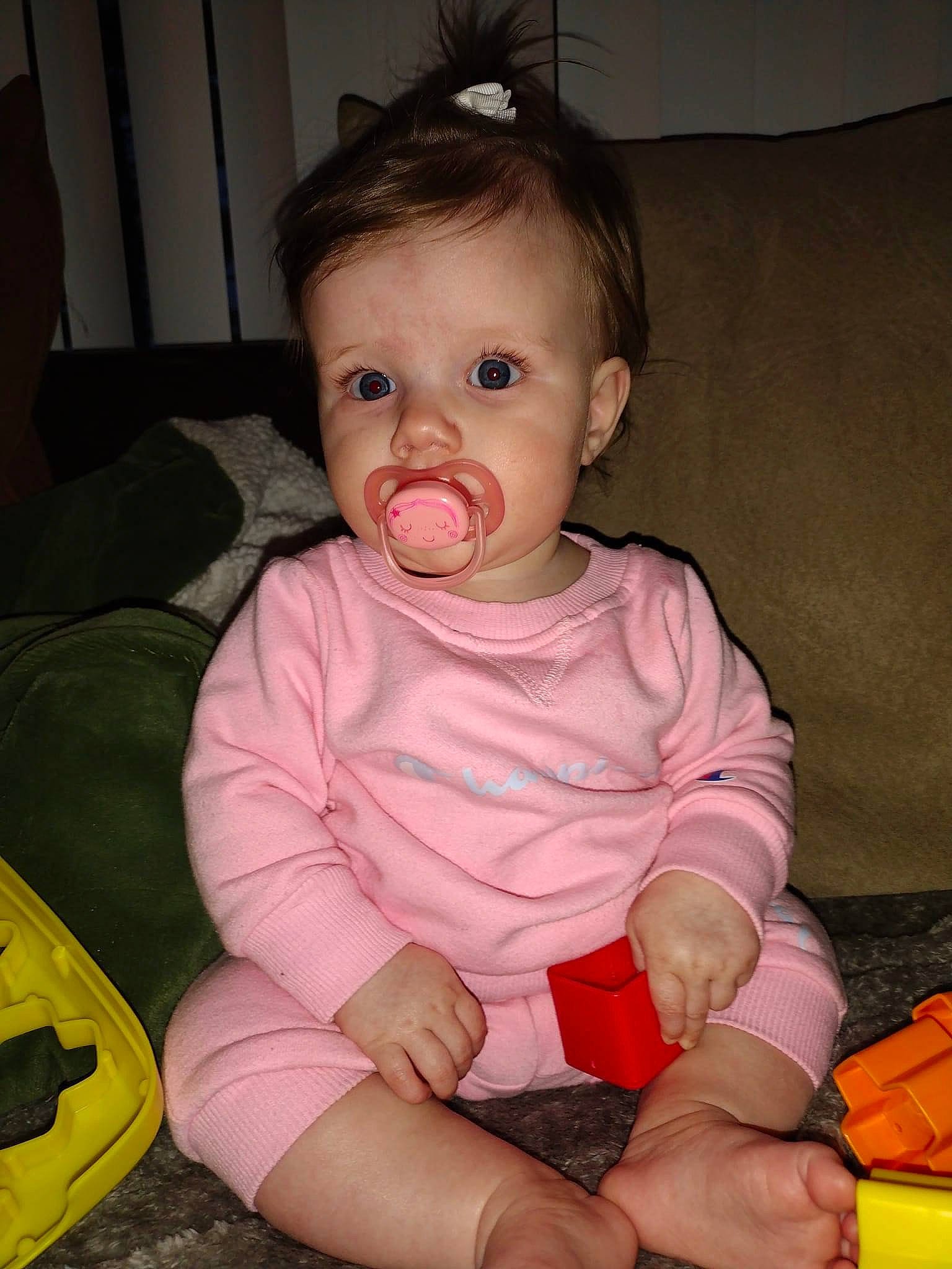 Kailani joined the competition — help win amazing prizes! baby, baby_products, baby_toddler_clothing, cheek, child, comfort, dress, eye, eyelash, finger, head, iris, lip, mouth, nose, person, pink, skin, sleeve, toddler