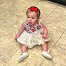 Lorraine joined the competition — help win amazing prizes! toddler, child, baby, sitting, dress, red_bow, headband, white_shoes, floor, tile_floor, kitchen, cabinet, curious, indoor, person, young_child, cute, fashion, footwear, portrait