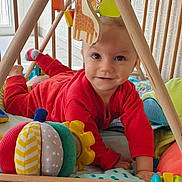 Aaron Kieffer participe au concours pour gagner de l'argent avec cette photo : baby, child, toy, giraffe, playmat, wooden_structure, colorful, red_clothing, smiling, indoor, cushion, pillow, face, hand, foot, soft_toys, pattern, fabric, floor, window