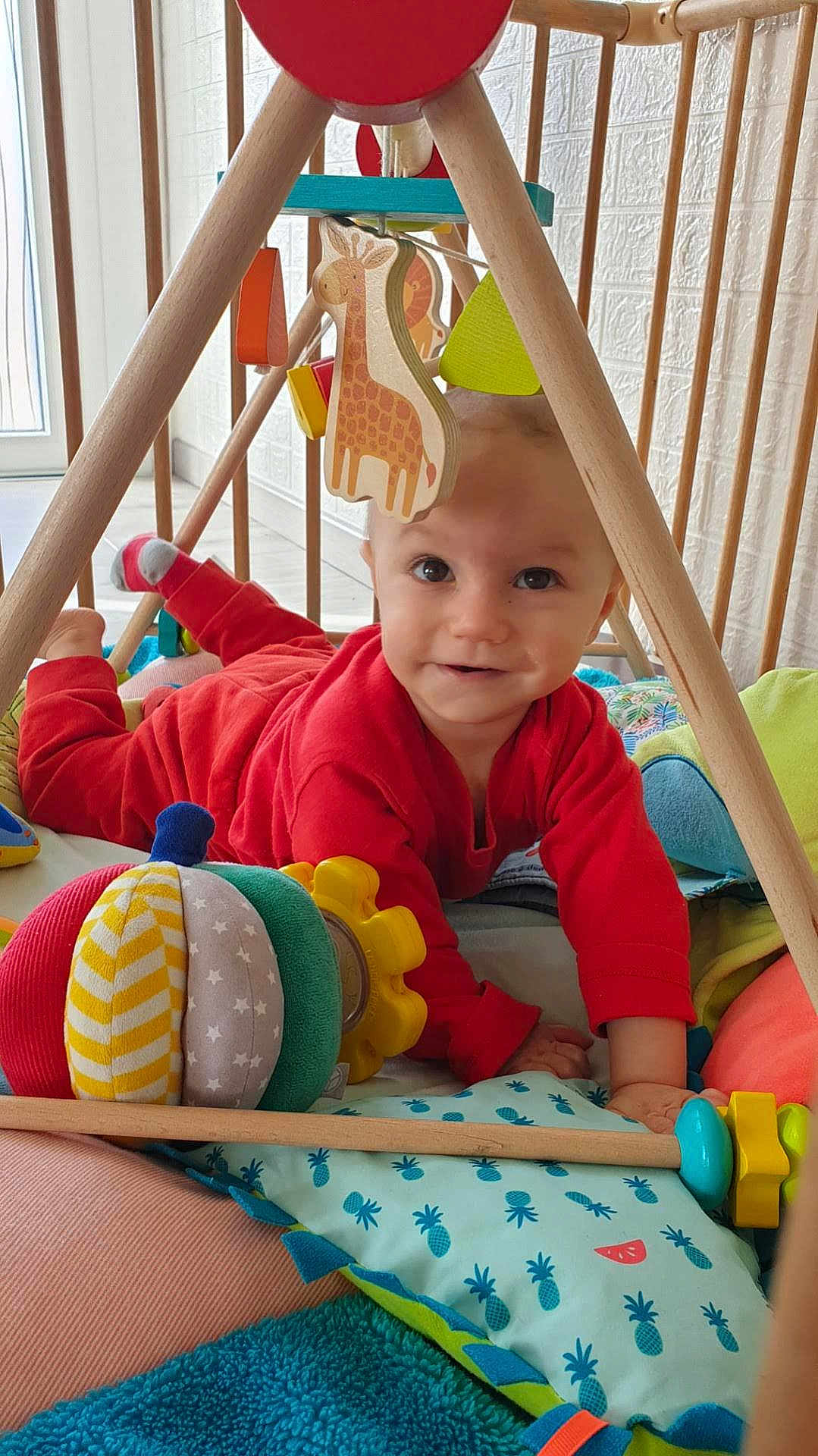 Aaron Kieffer participe au concours pour gagner de l'argent avec cette photo : baby, child, toy, giraffe, playmat, wooden_structure, colorful, red_clothing, smiling, indoor, cushion, pillow, face, hand, foot, soft_toys, pattern, fabric, floor, window