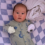 Immanuel is registered to the contest to win money with this photo: baby, infant, blanket, checkered, blue, white, mittens, clothing, face, person, sleepwear, cute, indoor, soft, newborn, expression, lying_down, cozy, fabric, portrait