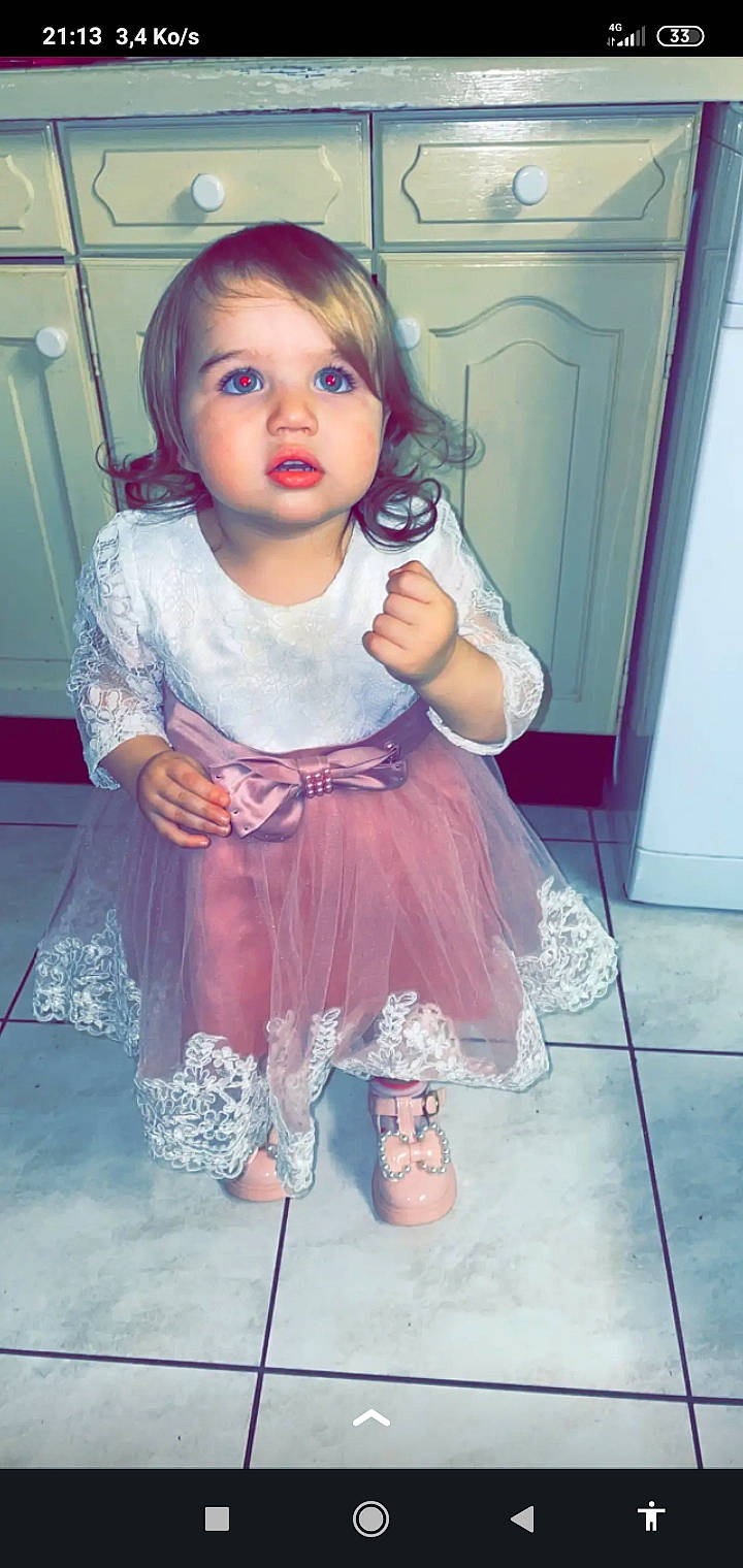 Shelsy participe au concours pour gagner de l'argent avec cette photo : baby_toddler_clothing, cheek, day_dress, dress, eye, eyelash, face, floor, flooring, hair, happy, head, iris, lip, person, pink, purple, shoe, skin, standing