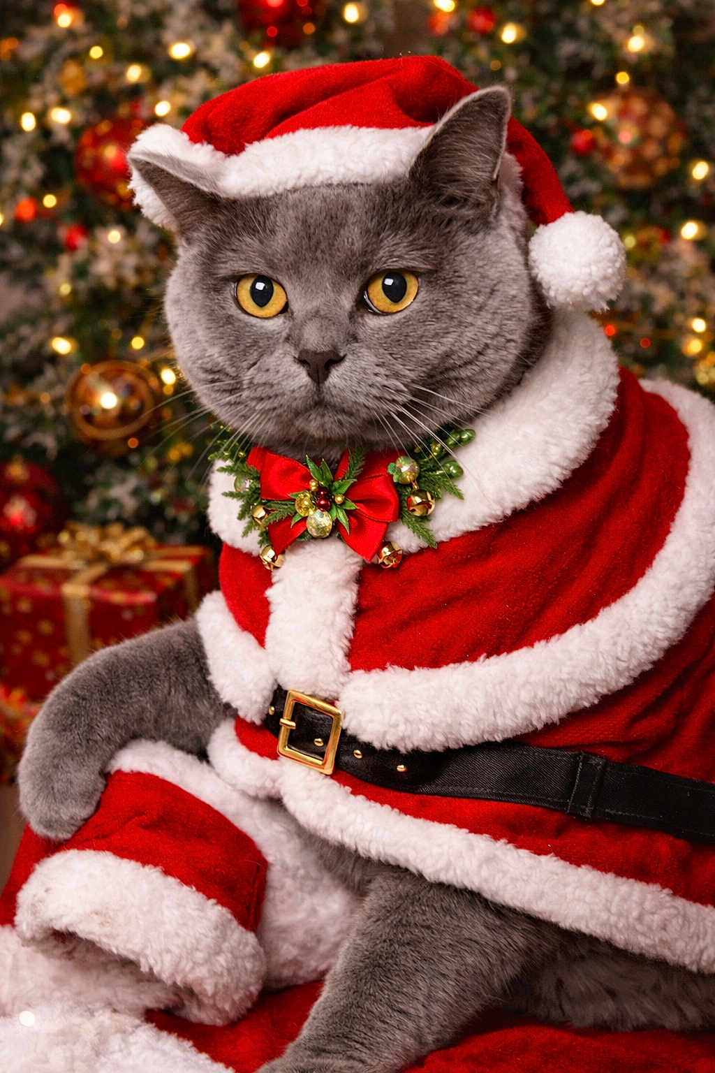 Queenie is registered to the contest to win money with this photo: cat, gray_cat, santa_costume, christmas_tree, christmas_lights, holiday_decor, festive, red_clothing, white_fur_trim, bell_collar, gift_box, indoor, pet, portrait, closeup, cute, animal, holiday_season, christmas, decoration