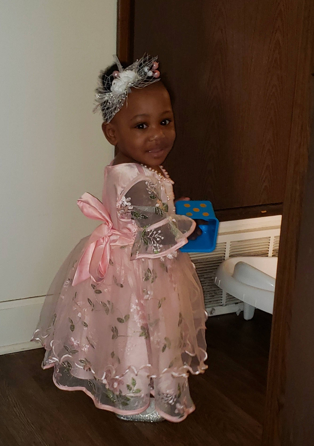 Azriel is registered to the contest to win money with this photo: baby_toddler_clothing, bridal_accessory, bridal_clothing, day_dress, dress, embellishment, fashion_design, formal_wear, gown, happy, headband, headpiece, jewellery, joy, outerwear, person, pink, ruffle, smile, tiara