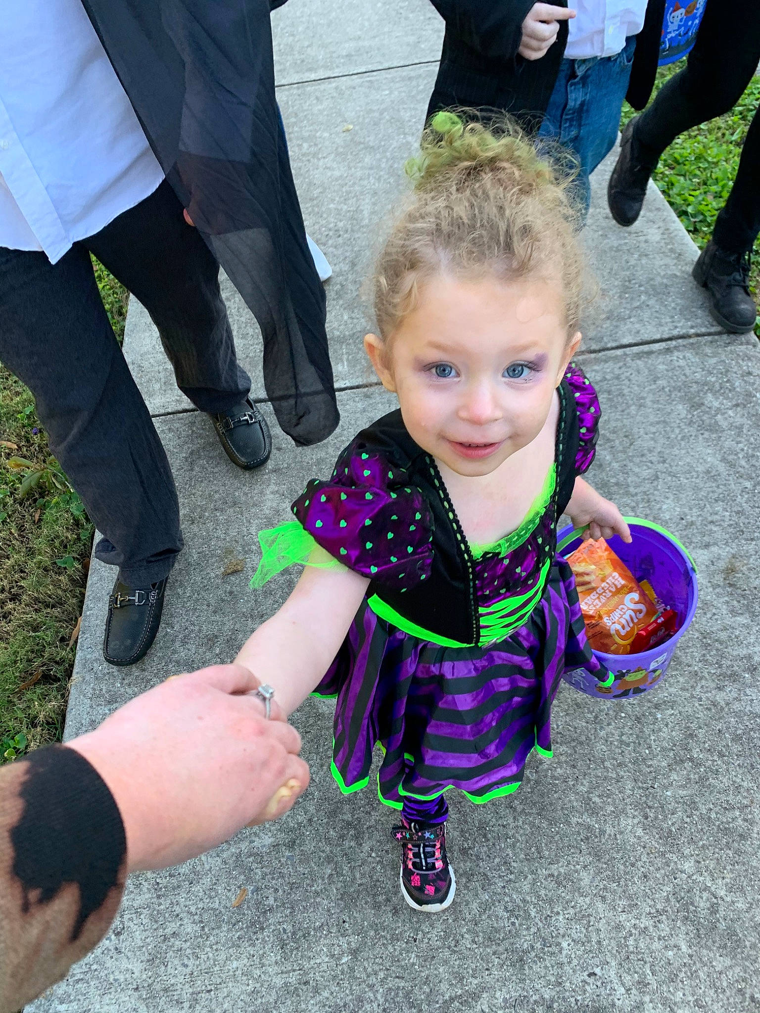 Gabriella joined the competition — help win amazing prizes! face, footwear, gesture, grass, green, happy, head, interaction, joy, leaf, leg, outerwear, person, photograph, pink, purple, shoe, smile, sneakers, trousers