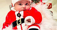 Shivin joined the competition — help win amazing prizes! baby, black_boots, blanket, child, christmas_tree, cute, decorations, festive, hat, holiday, indoor, ornaments, portrait, red_clothing, santa_claus_costume, seasonal, sled, smiling, soft_texture, white_fur