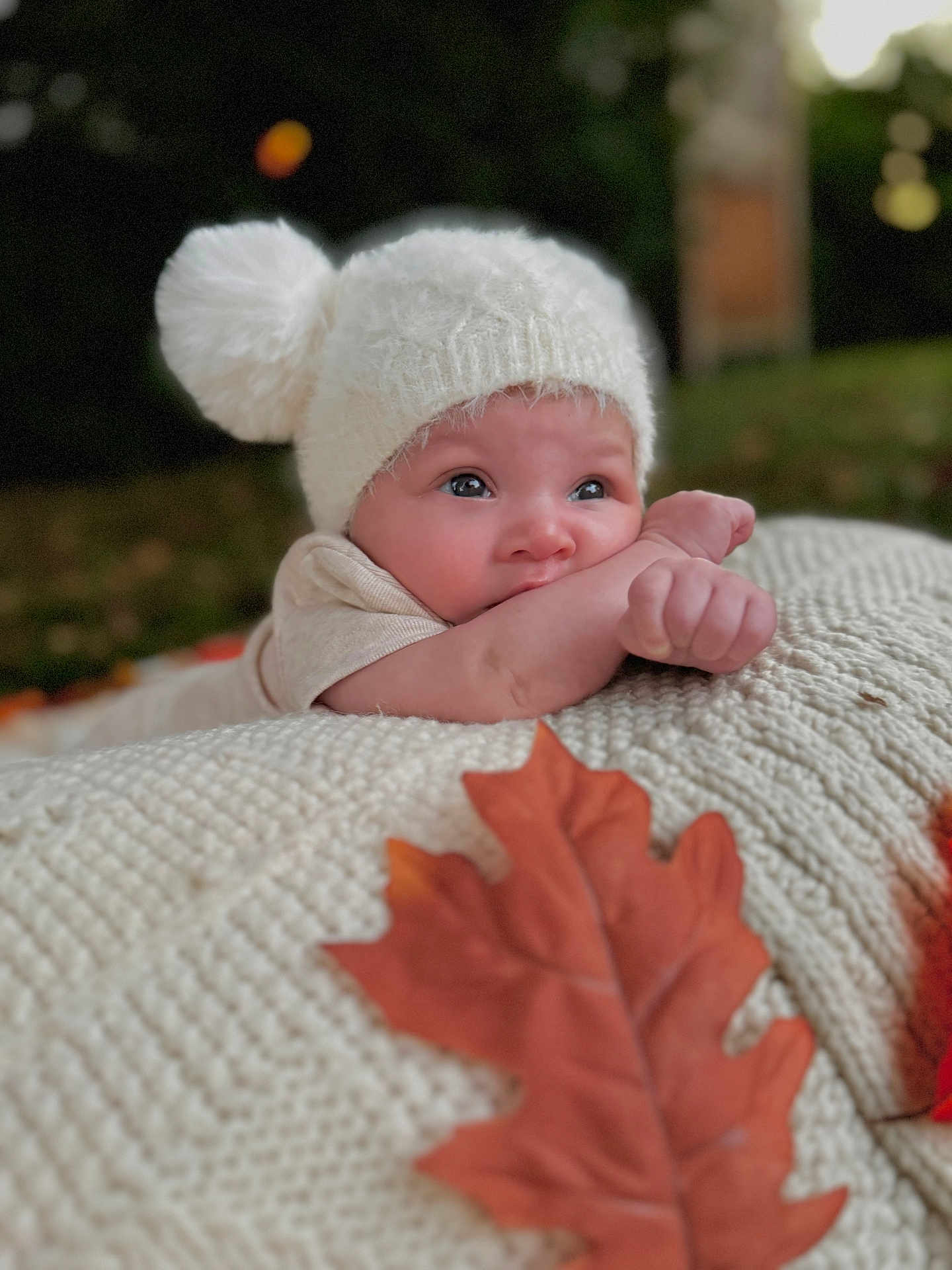 Calida joined the competition — help win amazing prizes! baby, infant, hat, knit_hat, pom_pom, blanket, knit_blanket, autumn, fall, leaf, orange_leaf, outdoor, nature, portrait, cute, child, resting, soft, warm, close_up