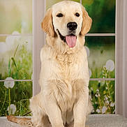 Atys a rejoint le concours — aidez-le/la à gagner de superbes lots ! dog, golden_retriever, puppy, sitting, tongue_out, indoor, window, greenery, flowers, soft_rug, happy, pet, fur, canine, animal, portrait, cute, smiling, young_dog, domestic