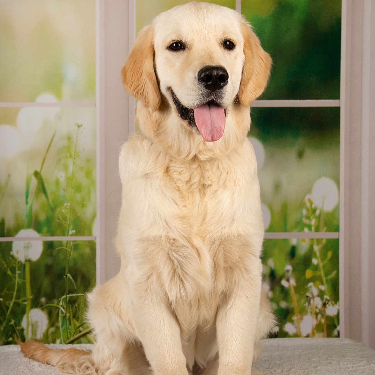 Atys a rejoint le concours — aidez-le/la à gagner de superbes lots ! animal, canine, cute, dog, domestic, flowers, fur, golden_retriever, greenery, happy, indoor, pet, portrait, puppy, sitting, smiling, soft_rug, tongue_out, window, young_dog