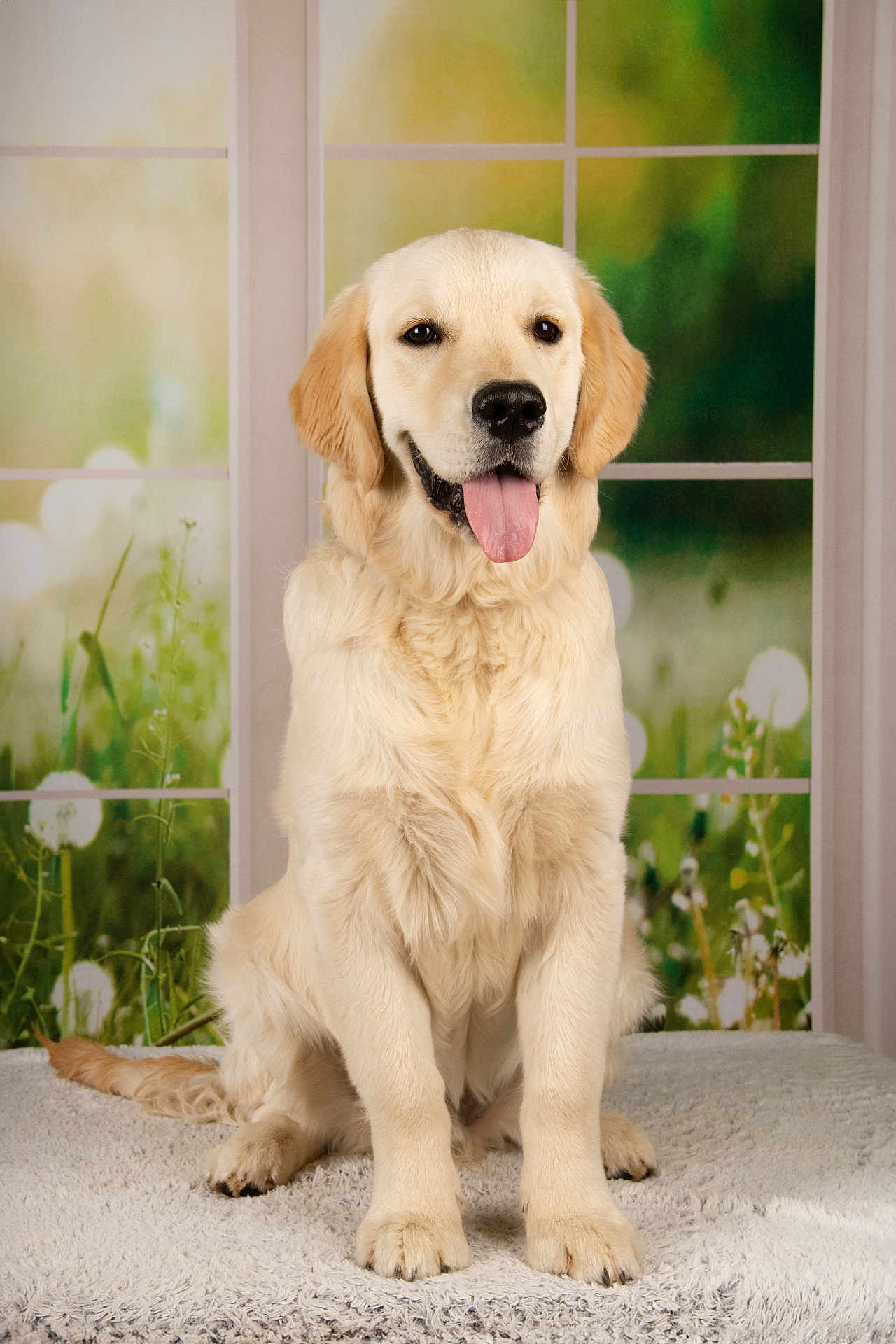 Atys a rejoint le concours — aidez-le/la à gagner de superbes lots ! dog, golden_retriever, puppy, sitting, tongue_out, indoor, window, greenery, flowers, soft_rug, happy, pet, fur, canine, animal, portrait, cute, smiling, young_dog, domestic