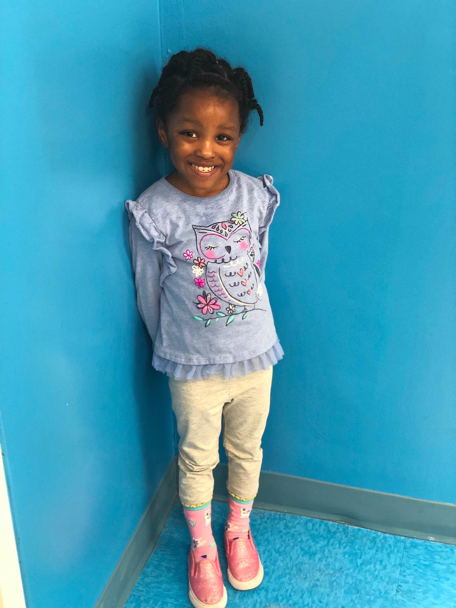 Skylar is registered to the contest to win money with this photo: blue, cheek, child, face, fun, head, joy, leggings, person, pink, skin, sleeve, smile, standing, t_shirt, toddler