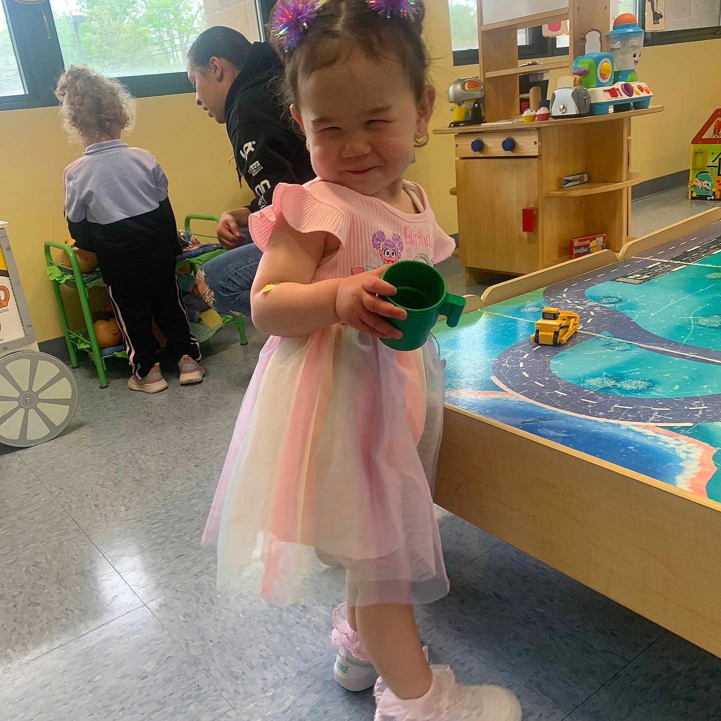 Olivia joined the competition — help win amazing prizes! boy, child, clothing, cup, diningtable, dress, face, female, footwear, furniture, girl, head, indoors, interiordesign, male, person, photography, portrait, shoe, table