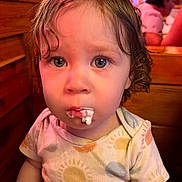 Asuka joined the competition — help win amazing prizes! apparel, blue_eyes, booth, child, clothing, curly_hair, cute, expression, face, food, ice_cream, indoor, messy, mouth, person, restaurant, seated, short_sleeve, wood, young