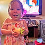 Asuka joined the competition — help win amazing prizes! animation, candid, carpet, child, curly_hair, dress, family_photos, floor, furniture, happy, indoor, living_room, messy_face, person, playpen, playtime, smiling, television, toddler, toy