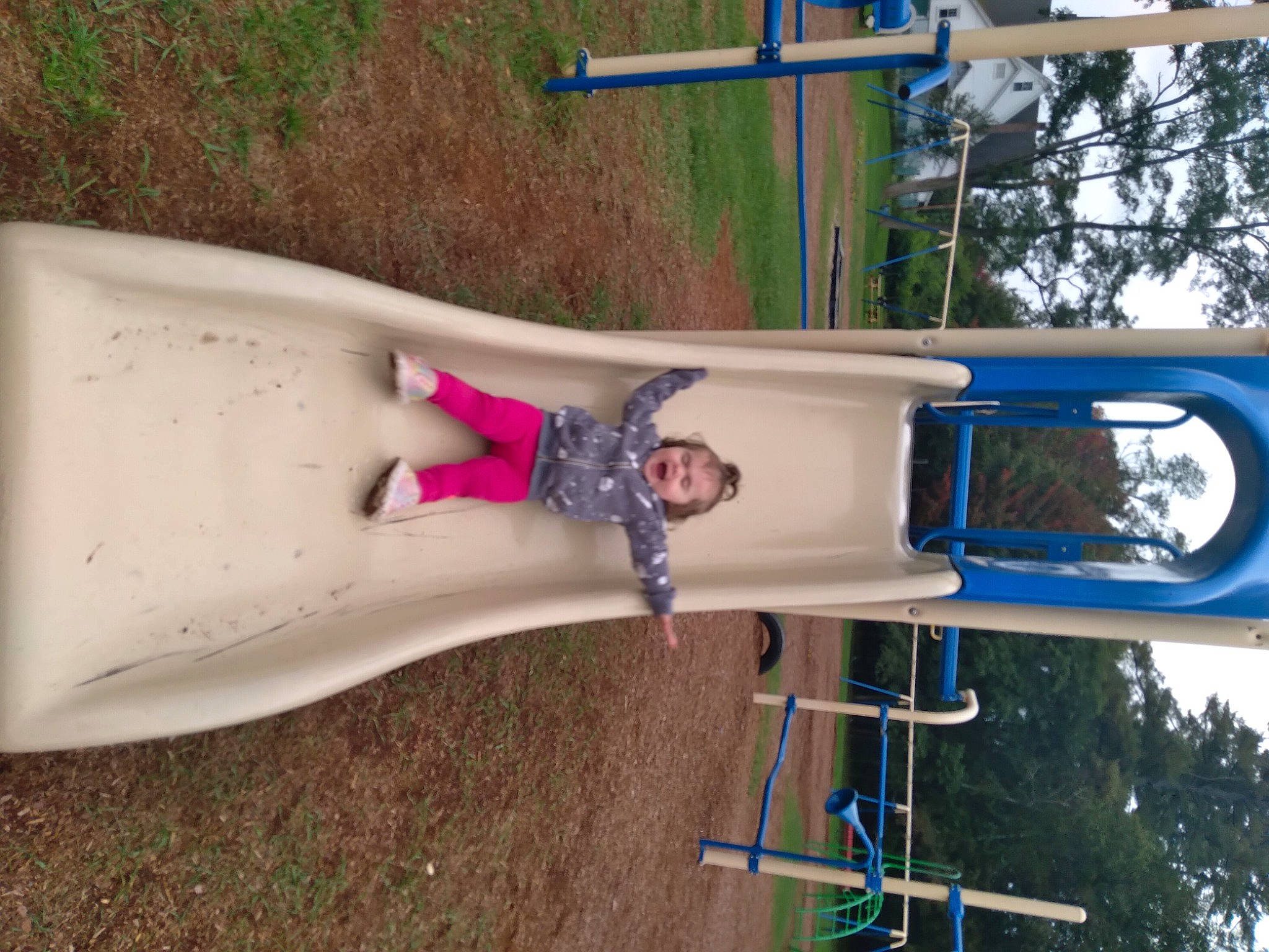 Emma is registered to the contest to win money with this photo: blurred, city, cross, fun, grass, hand, leisure, outdoor_play_equipment, person, plant, playground, pole, public_space, recreation, sky, smile, soil, tree, vacation, wood