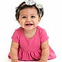 adorable, baby, child, closeup, crawling, cute, expression, face, fashion, girl, hands, happy, headband, infant, pink_dress, portrait, smiling, studio_photo, white_background, young_child
