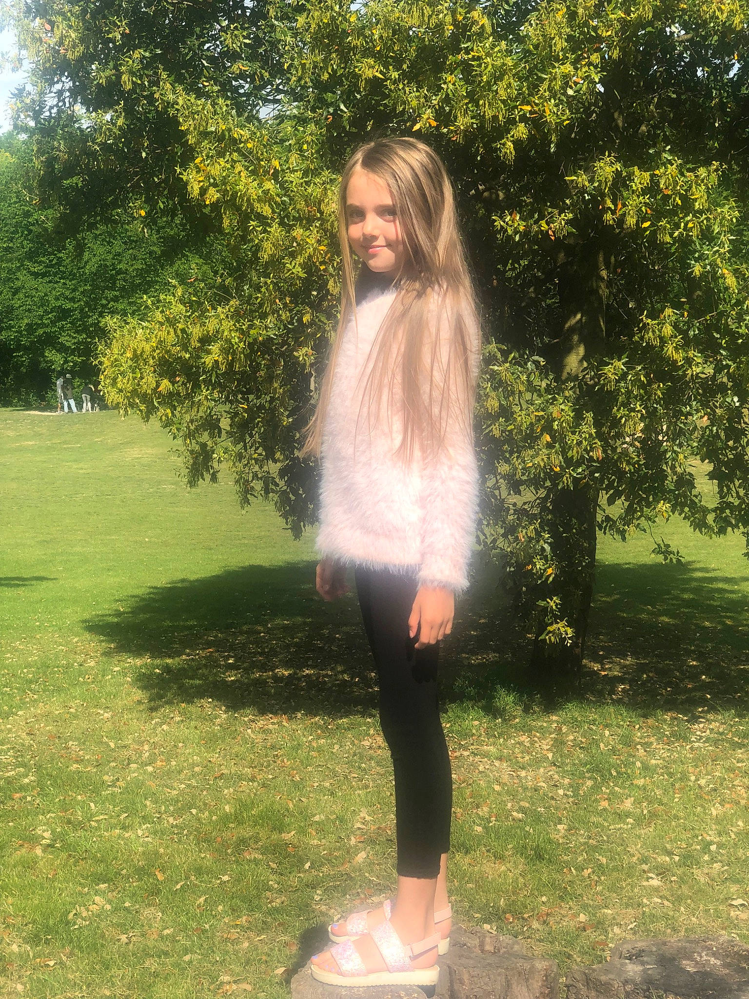 Katie joined the competition — help win amazing prizes! beauty, blond, clothing, fashion, footwear, grass, green, hair, hairstyle, joy, leggings, light, lip, long_hair, person, pink, shoe, standing, summer, sunlight