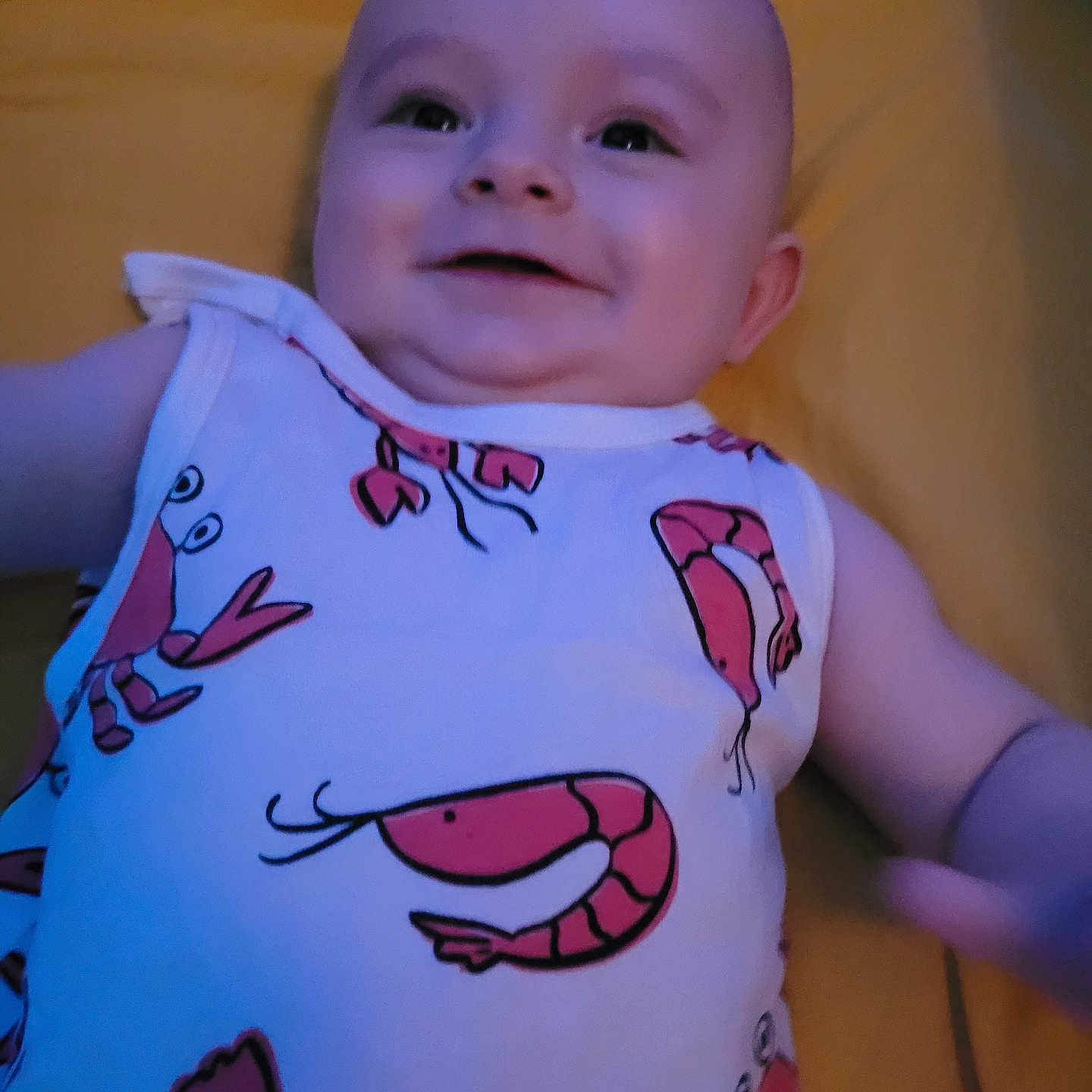 Bastien a rejoint le concours — aidez-le/la à gagner de superbes lots ! arm, baby, child, clothing, crab, cute, face, happy, head, indoor, infant, lying_down, person, portrait, shrimp, skin, smiling, soft_lighting, tank_top, yellow_background