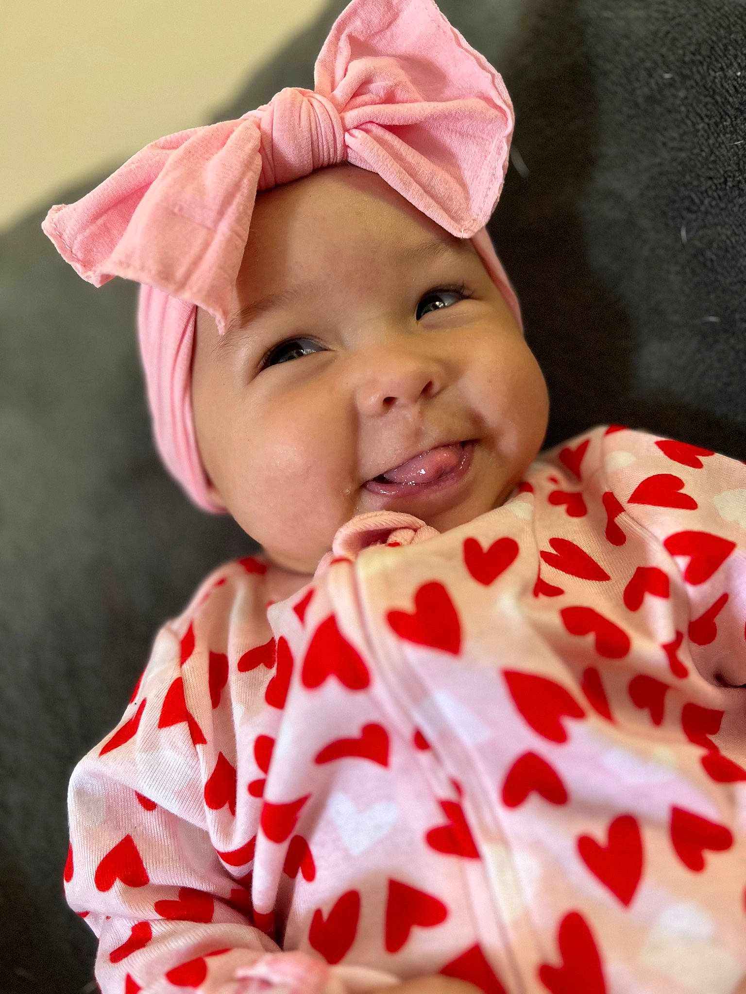 Amiyah joined the competition — help win amazing prizes! baby, baby_laughing, baby_toddler_clothing, carmine, child, collar, comfort, event, fashion_accessory, happy, hat, head, headwear, holiday, laugh, lip, pattern, person, pink, sleeve