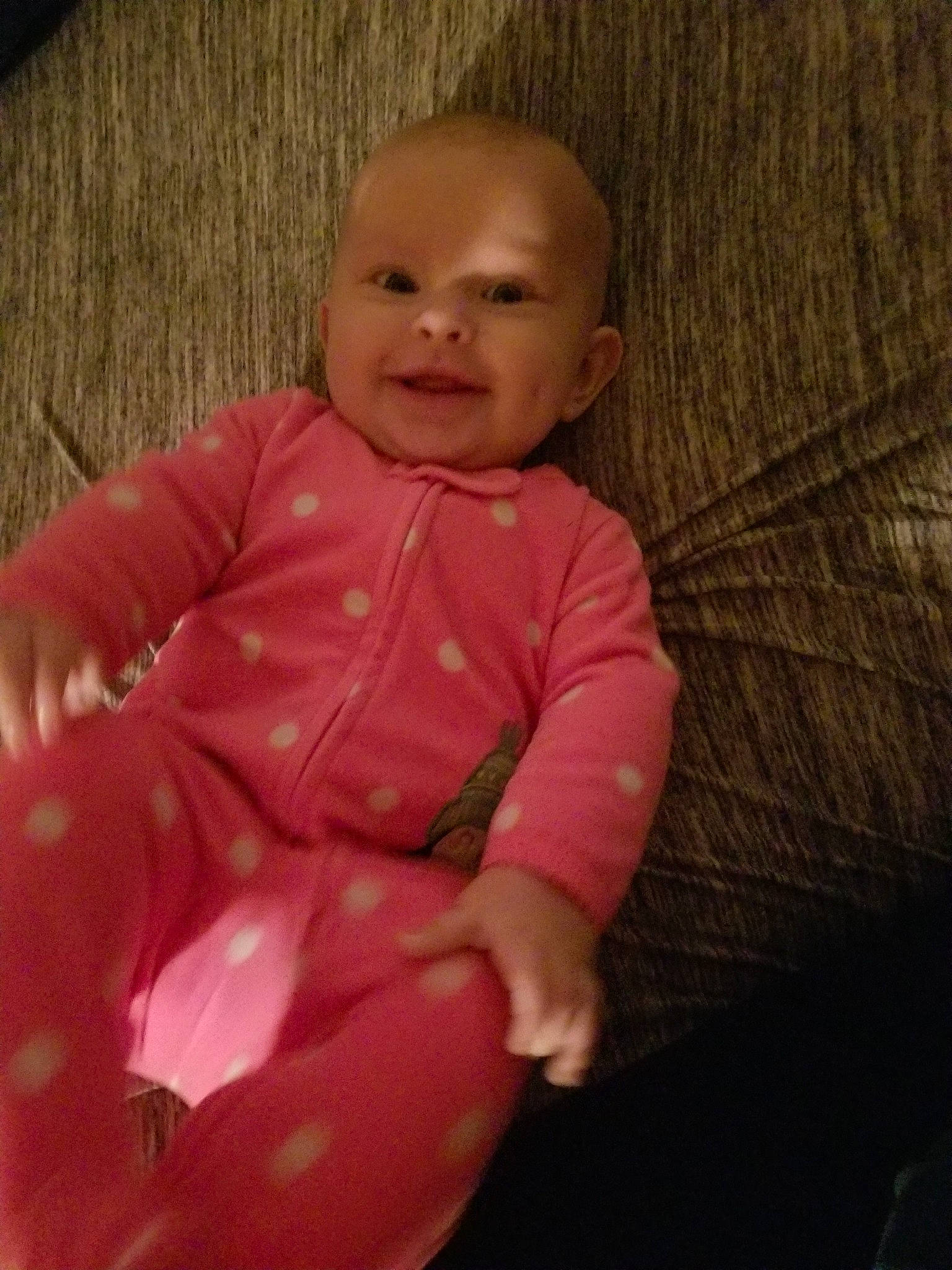 Brooklyn is registered to the contest to win money with this photo: baby, cheek, child, eye, face, fun, head, lip, magenta, mouth, nose, person, pink, play, sitting, skin, smile, toddler