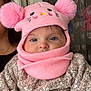 Nalia a rejoint le concours — aidez-le/la à gagner de superbes lots ! baby, child, pink_hat, pom_poms, knitwear, sweater, face, portrait, indoor, cute, warm_clothing, person, headwear, closeup, cozy, texture, eyes, expression, background, heart_pattern