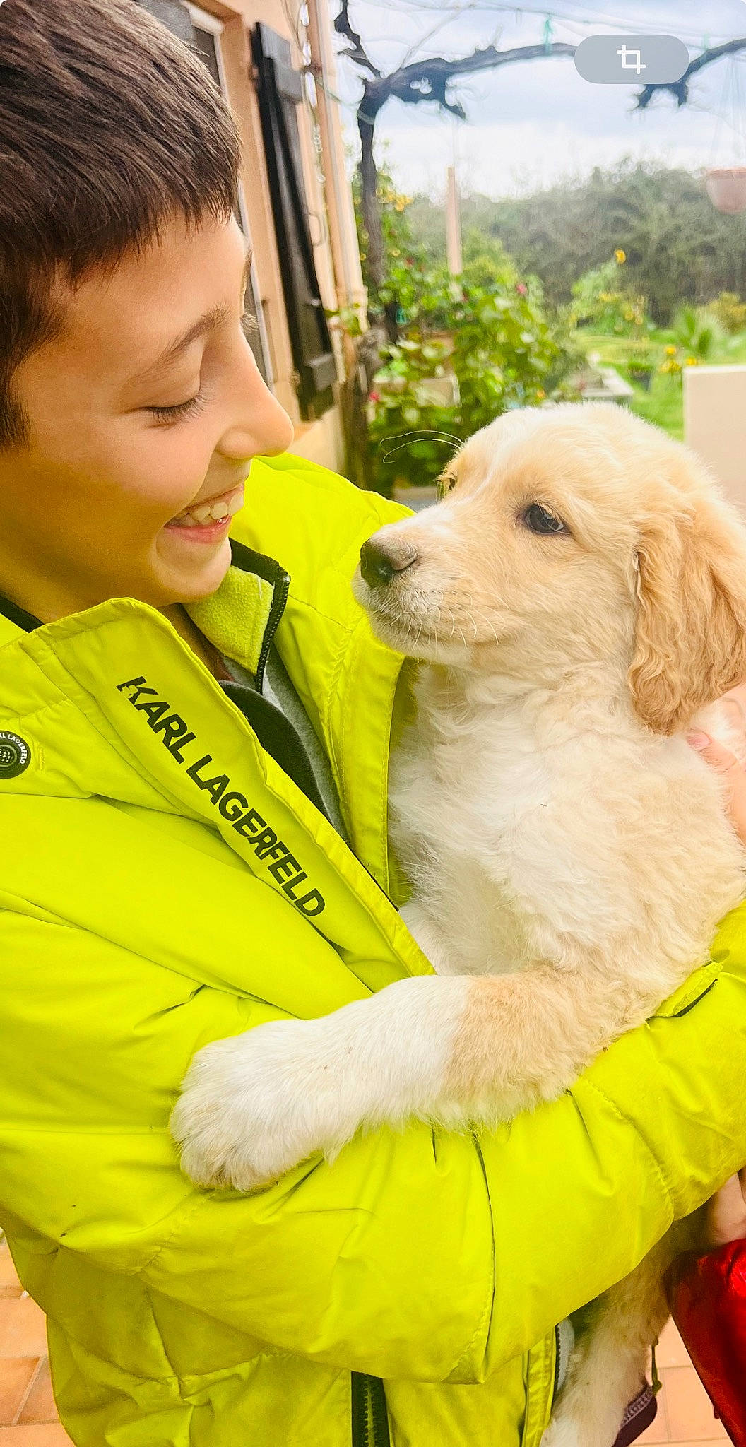 Biancu a rejoint le concours — aidez-le/la à gagner de superbes lots ! canidae, carnivore, child, companion_dog, dog, dog_breed, fun, fur, grass, happy, leisure, plant, recreation, sitting, smile, sporting_group, t_shirt, tree, vacation, yellow