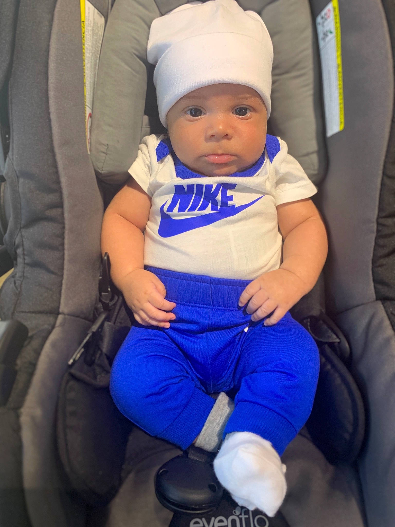 Enzo joined the competition — help win amazing prizes! baby, baby_carriage, baby_in_car_seat, baby_products, baby_toddler_clothing, cap, car_seat, cheek, child, comfort, electric_blue, face, fun, headgear, headwear, person, purple, seat_belt, thigh, thumb